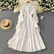 Fashion Women's Embroidery Dresses Stand Collar High Waist Lantern Sleeve Lace Spliced Long Sleeve Elegant Dress Female