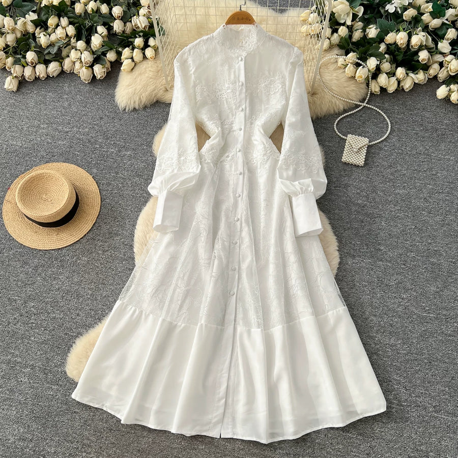 Fashion Women's Embroidery Dresses Stand Collar High Waist Lantern Sleeve Lace Spliced Long Sleeve Elegant Dress Female