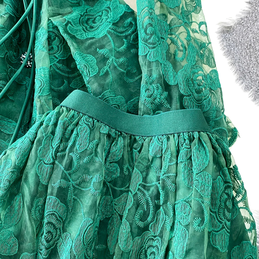 Embroidery Mesh 2 Pieces Set Women Hollow Out Sashes Shirt Tops + Elastic Waist A-Line Long Skirts Suit Autumn Ladies Outfit
