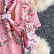 Spring Holiday Sweet Flower Beach Dress Women's Lapel Long Lantern Sleeve Pearl Button Up Floral Print Belt Dress Pockets