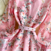 Spring Holiday Sweet Flower Beach Dress Women's Lapel Long Lantern Sleeve Pearl Button Up Floral Print Belt Dress Pockets