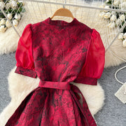 Summer Bohemian Jacquard Flower Long Dress Women V-Neck Short Puff Sleeve Vintage Print Bandage Lace Up Robe Vestidos Clothes