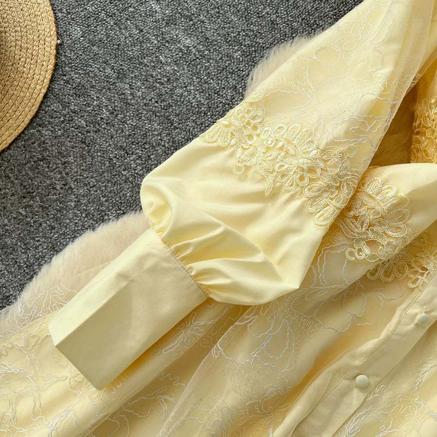 Fashion Women's Embroidery Dresses Stand Collar High Waist Lantern Sleeve Lace Spliced Long Sleeve Elegant Dress Female