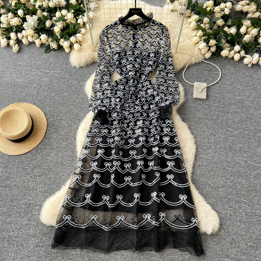 High Quality Sequin Embroidery Mesh Long Sleeve Elegant Formal Dress