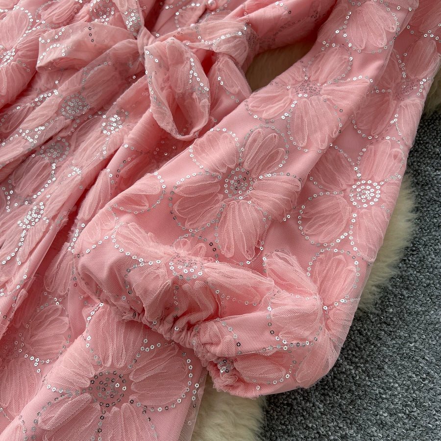 Spring Autumn French High-end Women's Dress New Lace Embroidery Glitter Lantern Sleeve Single Breasted Party Birthday Dress