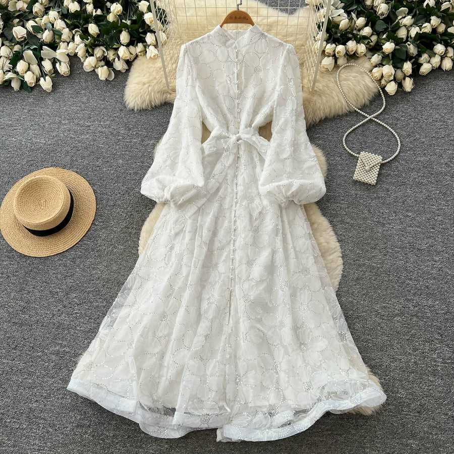 Spring Autumn French High-end Women's Dress New Lace Embroidery Glitter Lantern Sleeve Single Breasted Party Birthday Dress