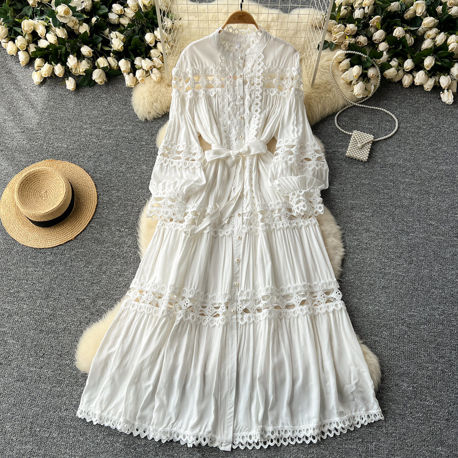 Long dress with embroidery, high neck, flared sleeves with high qualit ETERNA Long dress with embroidery, high neck, flared sleeves with high qualit ETERNA