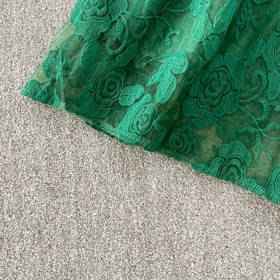 Embroidery Mesh 2 Pieces Set Women Hollow Out Sashes Shirt Tops + Elastic Waist A-Line Long Skirts Suit Autumn Ladies Outfit