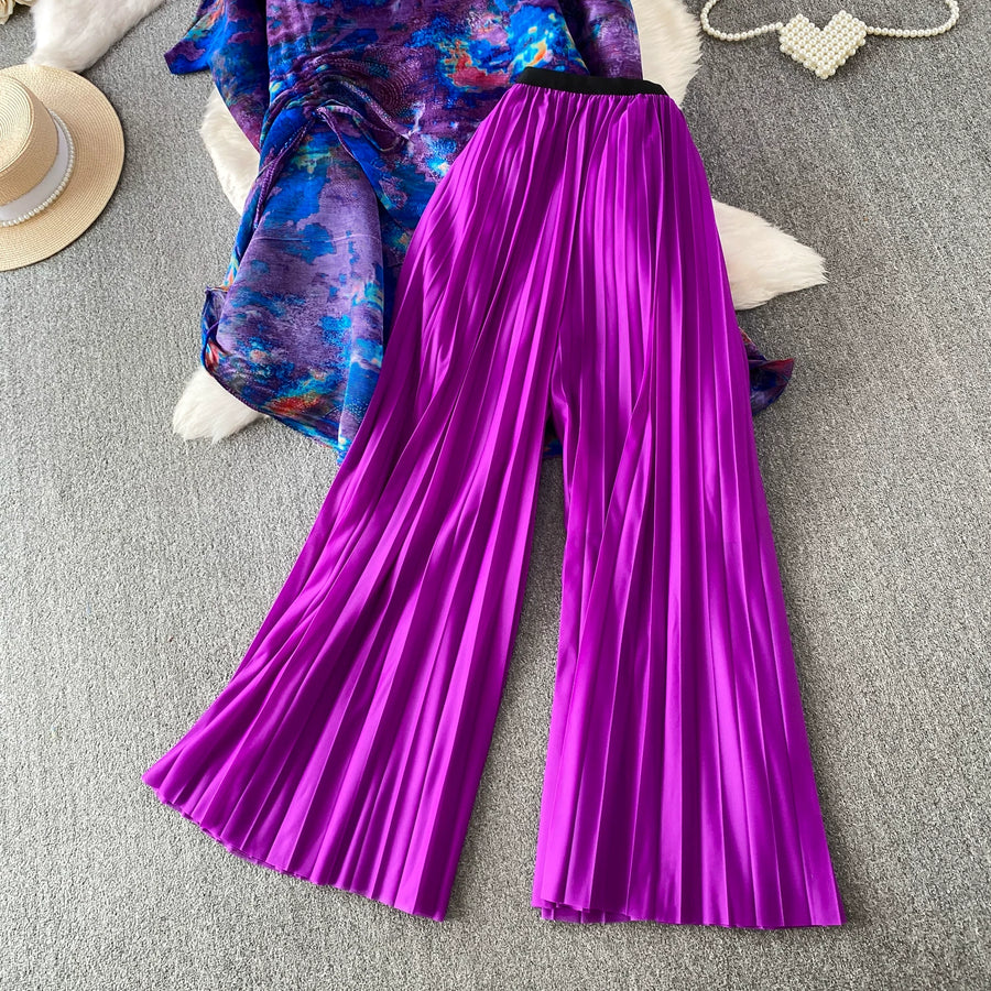 Loose Fit Miyake Style Pleated Matching Suit Women Oversized Bat Sleeve Drawstring Print Tunic + Pleated Wide Leg Pants Set