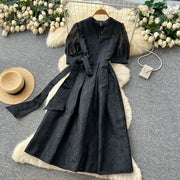Summer Bohemian Jacquard Flower Long Dress Women V-Neck Short Puff Sleeve Vintage Print Bandage Lace Up Robe Vestidos Clothes