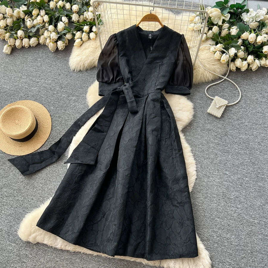 Summer Bohemian Jacquard Flower Long Dress Women V-Neck Short Puff Sleeve Vintage Print Bandage Lace Up Robe Vestidos Clothes