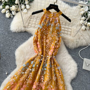 Summer Women's Halter Sleeveless Holiday Dress Luxury Sequins Beading 3D Embroidery Flower Elegant Pearl Belt Party Vestidos
