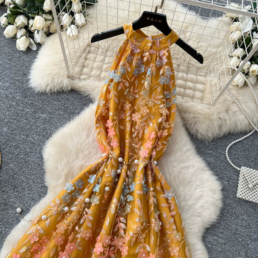 Summer Women's Halter Sleeveless Holiday Dress Luxury Sequins Beading 3D Embroidery Flower Elegant Pearl Belt Party Vestidos