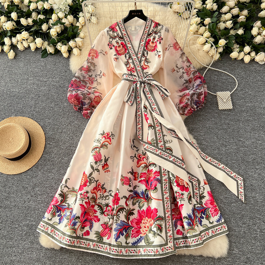 High quality retro floral print thick V-neck puff sleeve chiffon patchwork lace-up wrap satin dress