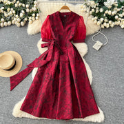 Summer Bohemian Jacquard Flower Long Dress Women V-Neck Short Puff Sleeve Vintage Print Bandage Lace Up Robe Vestidos Clothes