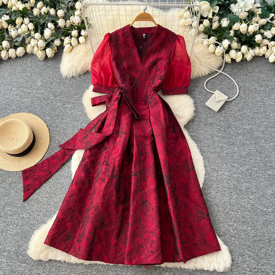 Summer Bohemian Jacquard Flower Long Dress Women V-Neck Short Puff Sleeve Vintage Print Bandage Lace Up Robe Vestidos Clothes