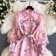 Spring Holiday Sweet Flower Beach Dress Women's Lapel Long Lantern Sleeve Pearl Button Up Floral Print Belt Dress Pockets