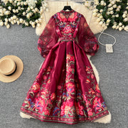 High quality retro floral print thick V-neck puff sleeve chiffon patchwork lace-up wrap satin dress