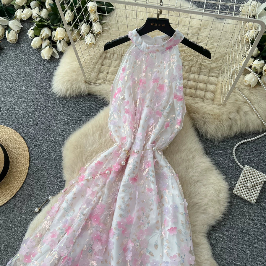 Summer Women's Halter Sleeveless Holiday Dress Luxury Sequins Beading 3D Embroidery Flower Elegant Pearl Belt Party Vestidos