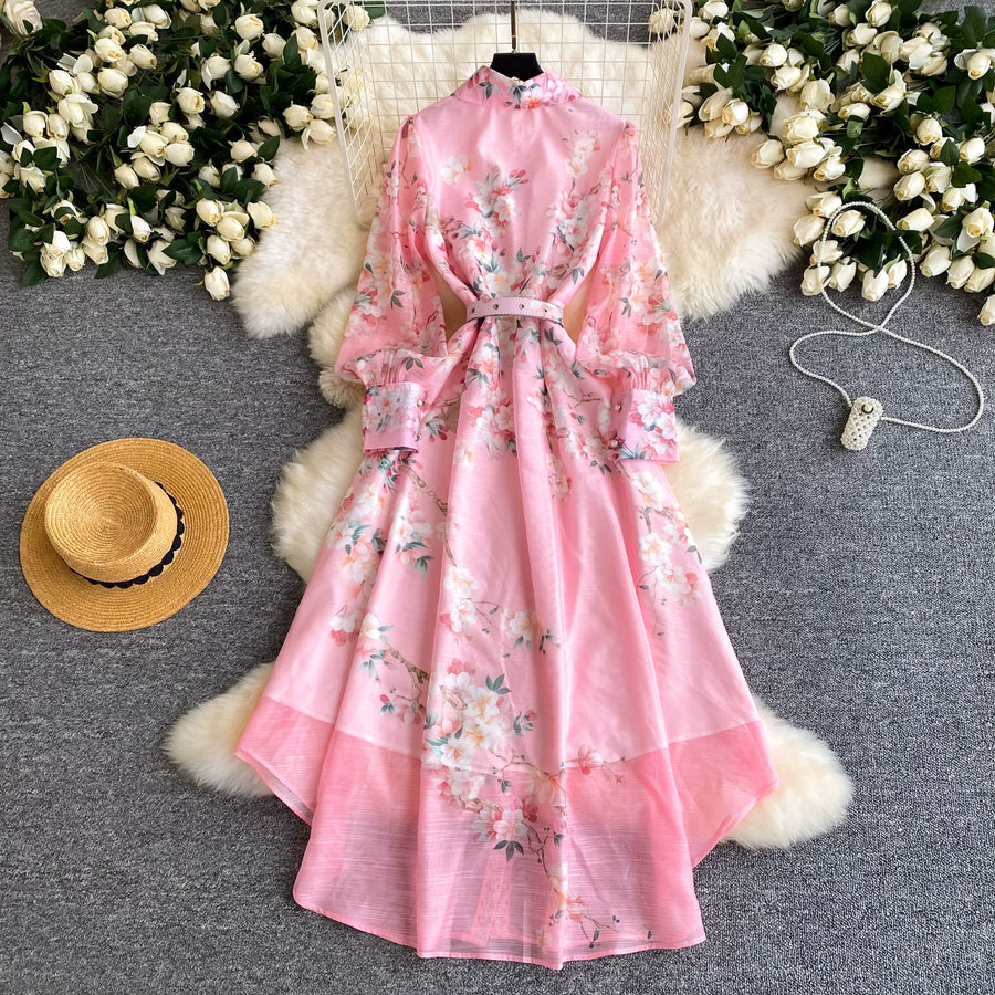 Spring Holiday Sweet Flower Beach Dress Women's Lapel Long Lantern Sleeve Pearl Button Up Floral Print Belt Dress Pockets