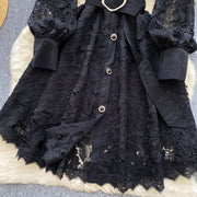 Lace openwork dress with flower embroidery and hook long sleeves, buttons with turn-down collar with high-quality belt