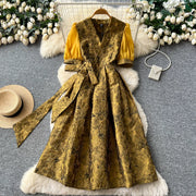 Summer Bohemian Jacquard Flower Long Dress Women V-Neck Short Puff Sleeve Vintage Print Bandage Lace Up Robe Vestidos Clothes