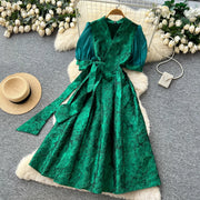 Summer Bohemian Jacquard Flower Long Dress Women V-Neck Short Puff Sleeve Vintage Print Bandage Lace Up Robe Vestidos Clothes