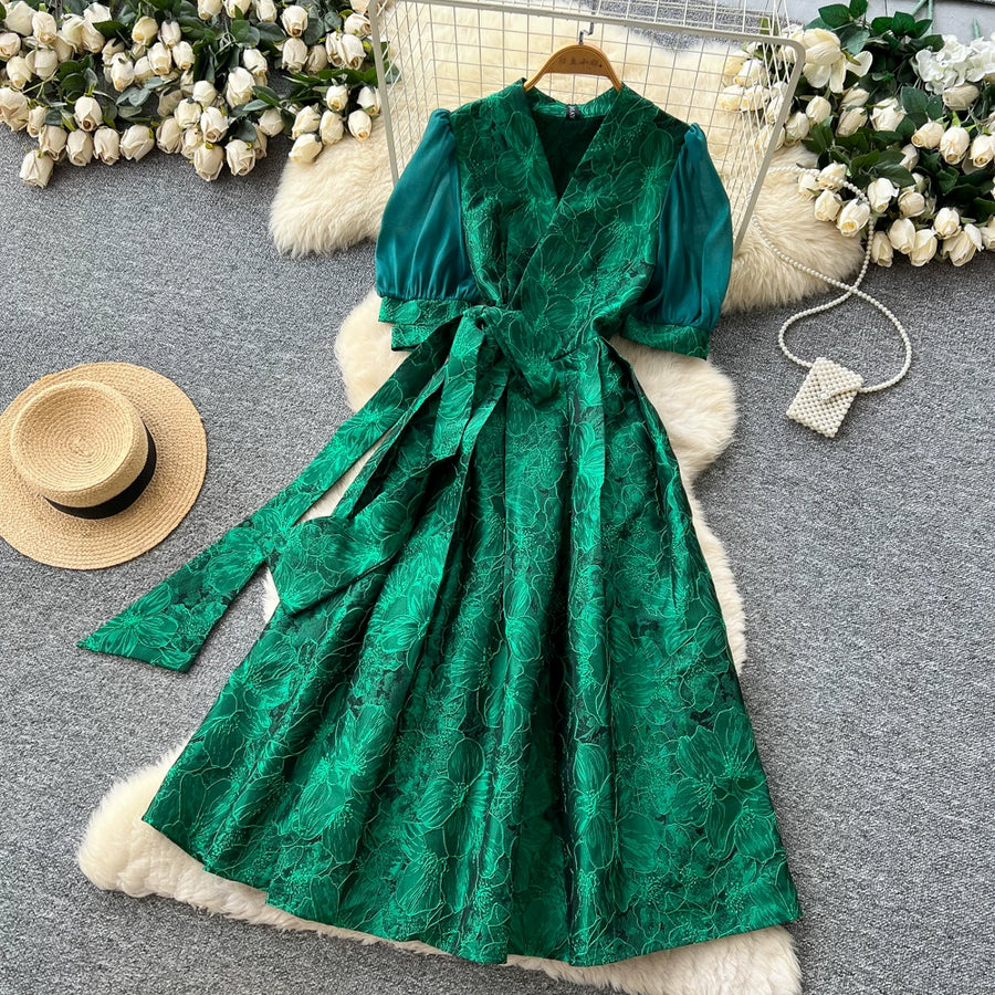 Summer Bohemian Jacquard Flower Long Dress Women V-Neck Short Puff Sleeve Vintage Print Bandage Lace Up Robe Vestidos Clothes