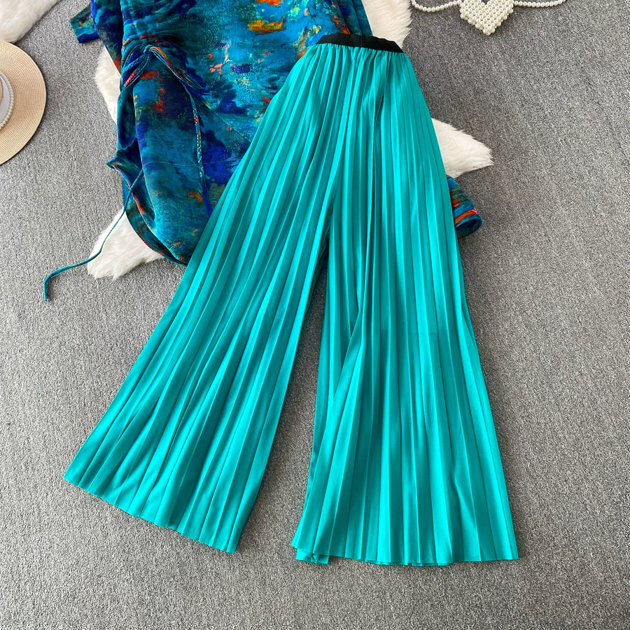 Loose Fit Miyake Style Pleated Matching Suit Women Oversized Bat Sleeve Drawstring Print Tunic + Pleated Wide Leg Pants Set