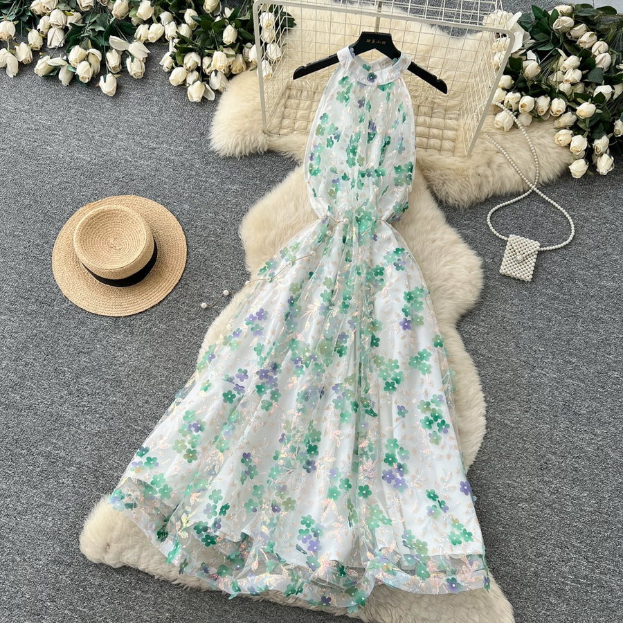 Summer Women's Halter Sleeveless Holiday Dress Luxury Sequins Beading 3D Embroidery Flower Elegant Pearl Belt Party Vestidos