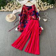 Loose Fit Miyake Style Pleated Matching Suit Women Oversized Bat Sleeve Drawstring Print Tunic + Pleated Wide Leg Pants Set