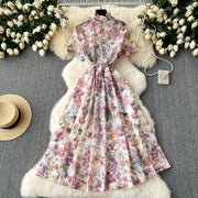 High quality vintage short sleeve printed dresses with belt