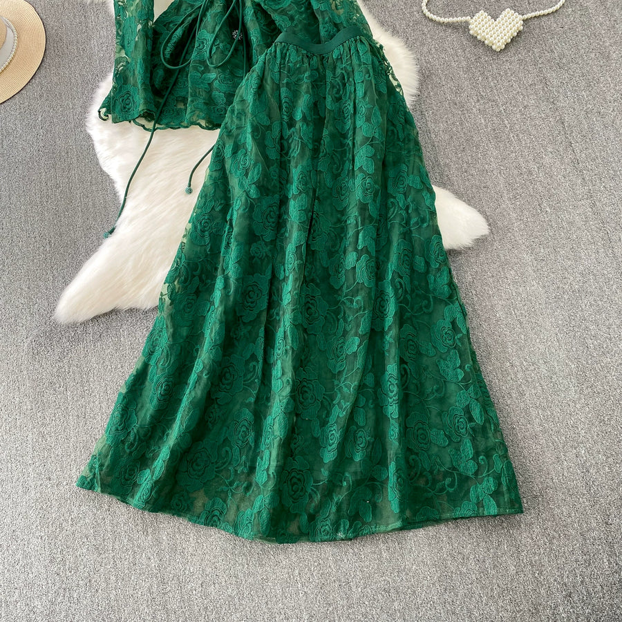 Embroidery Mesh 2 Pieces Set Women Hollow Out Sashes Shirt Tops + Elastic Waist A-Line Long Skirts Suit Autumn Ladies Outfit