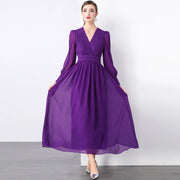 High quality V-neckline puff sleeve high waist draped chiffon long dress