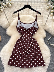 French Fashion Coffee Color Polka Dot Camisole Pure Desire Style Dress Women Summer Sweet High Waist Slim A Line Dress Woman