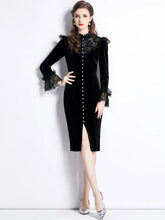 High Quality Bodycon Bodycon Pearl Buttons Flare Sleeve Lace Patchwork Velvet Dress