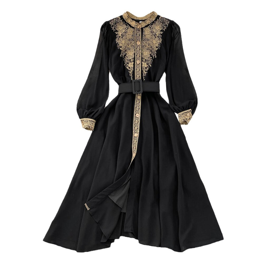 High Quality Slim Round Neck Long Sleeve Gold Thread Embroidery Vintage Style Elegant Dress Black / XXL High Quality Slim Round Neck Long Sleeve Gold Thread Embroidery Vintage Style Elegant Dress Black / XXL