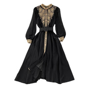 High quality slim round neck long sleeve gold thread embroidery vintage style elegant dress