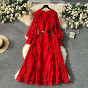 High-waisted dresses with openwork lace and patchwork, fitted, A-line, round neck, high-quality puff sleeves