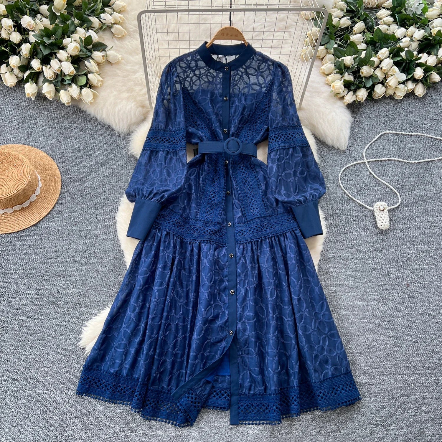 Elegant round neck fitted long dress, vintage style, long lantern sleeves, embroidery, single breasted, French evening style