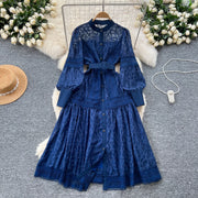 Elegant round neck fitted long dress, vintage style, long lantern sleeves, embroidery, single breasted, French evening style