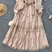 Elegant retro style slit maxi dress with pearl buttons and high-quality crochet embroidery