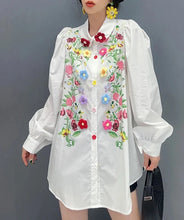 High quality elegant 3D flower printed lantern sleeves white shirt