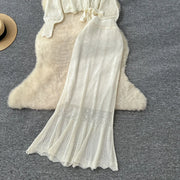 Two Piece Sets Women Skirt Set Full Sleeve Tops Long Skirts A Line High Waist  Streetwear Hollow Out Knit Work Autumn