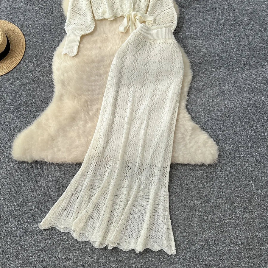Two Piece Sets Women Skirt Set Full Sleeve Tops Long Skirts A Line High Waist  Streetwear Hollow Out Knit Work Autumn