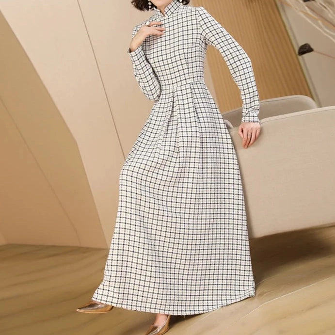 Plaid long dress, high quality zipper slim waist