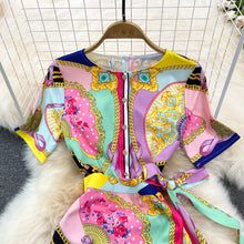 Short Sleeve O-Neck Flower Fan Printed Lace-up Waist Wrap Bow Midi Dress High Quality