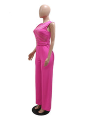 Elegant Jumpsuits Round Neck Sleeveless High Waist Wide Leg Pants with Belt High Quality