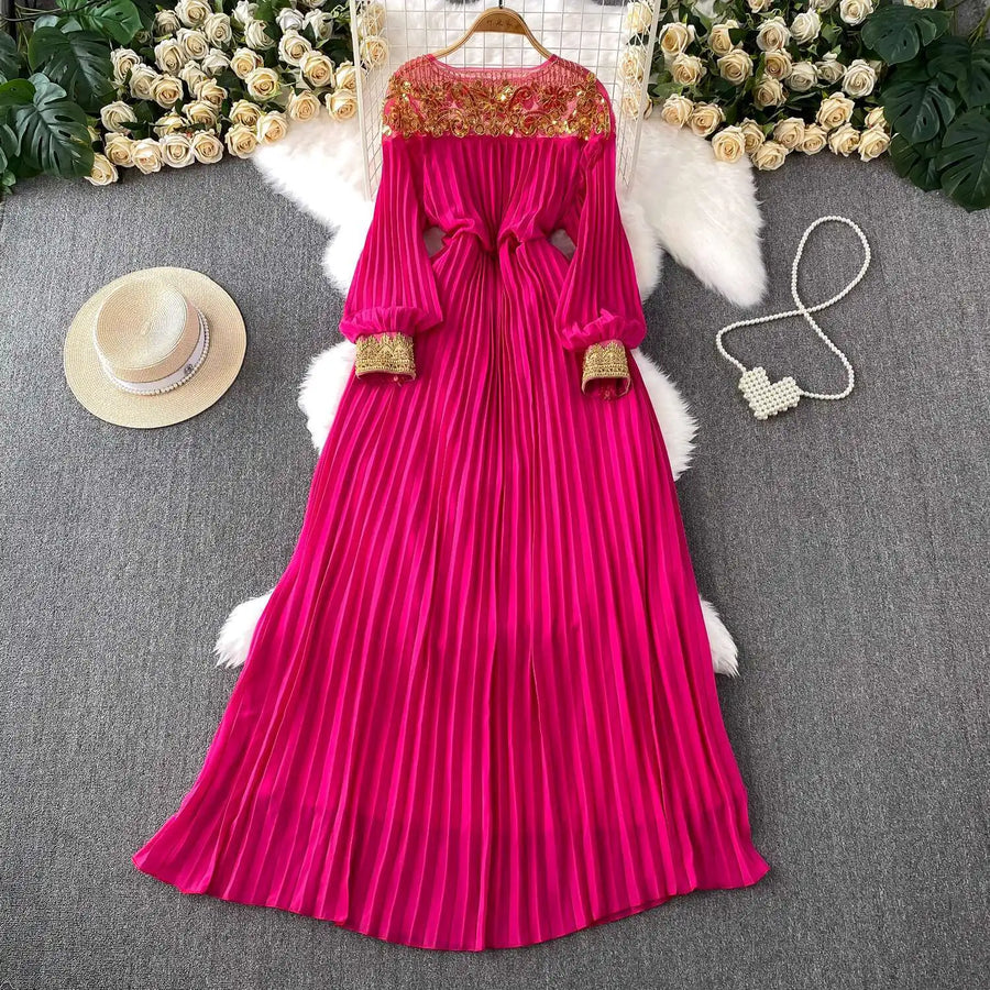 Floor Length Formal Evening Luxury Dress Women Summer Autumn See Through Crochet Crystal Beaded Long Sleeve Maxi Chiffon Dresses