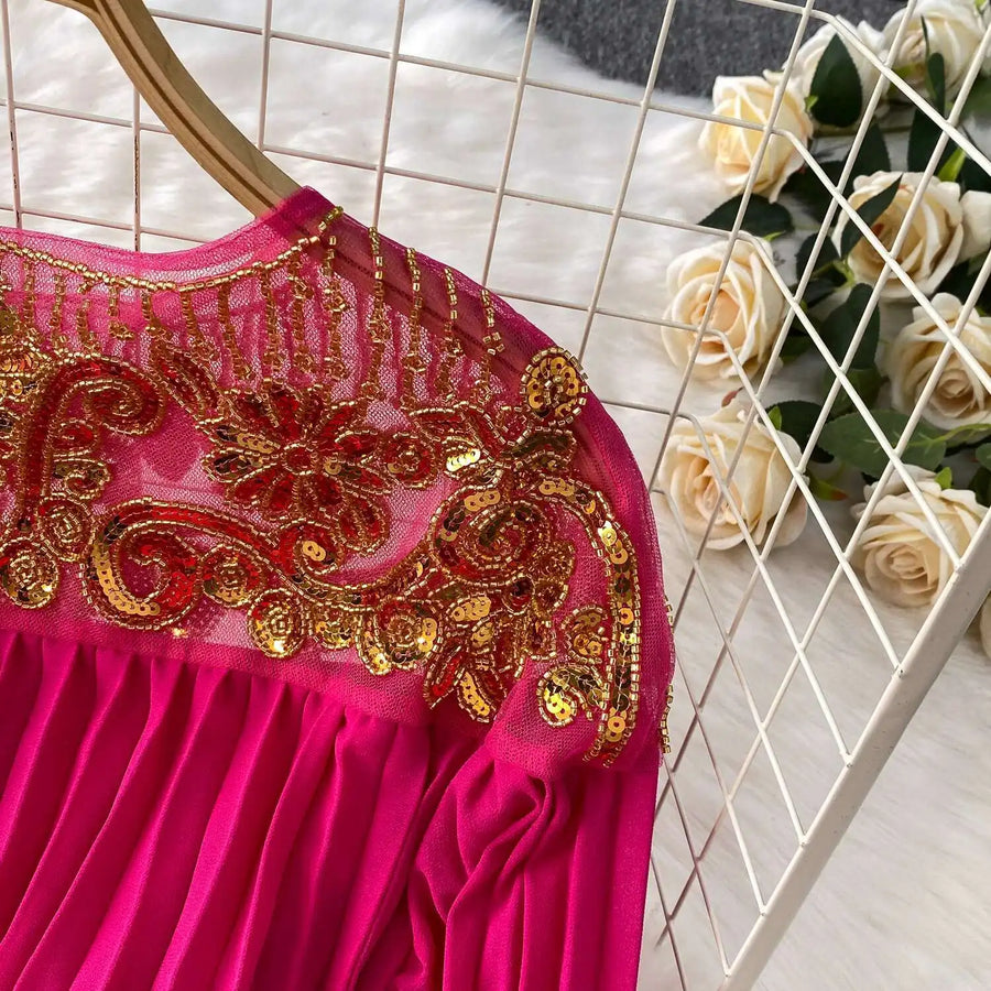 Floor Length Formal Evening Luxury Dress Women Summer Autumn See Through Crochet Crystal Beaded Long Sleeve Maxi Chiffon Dresses